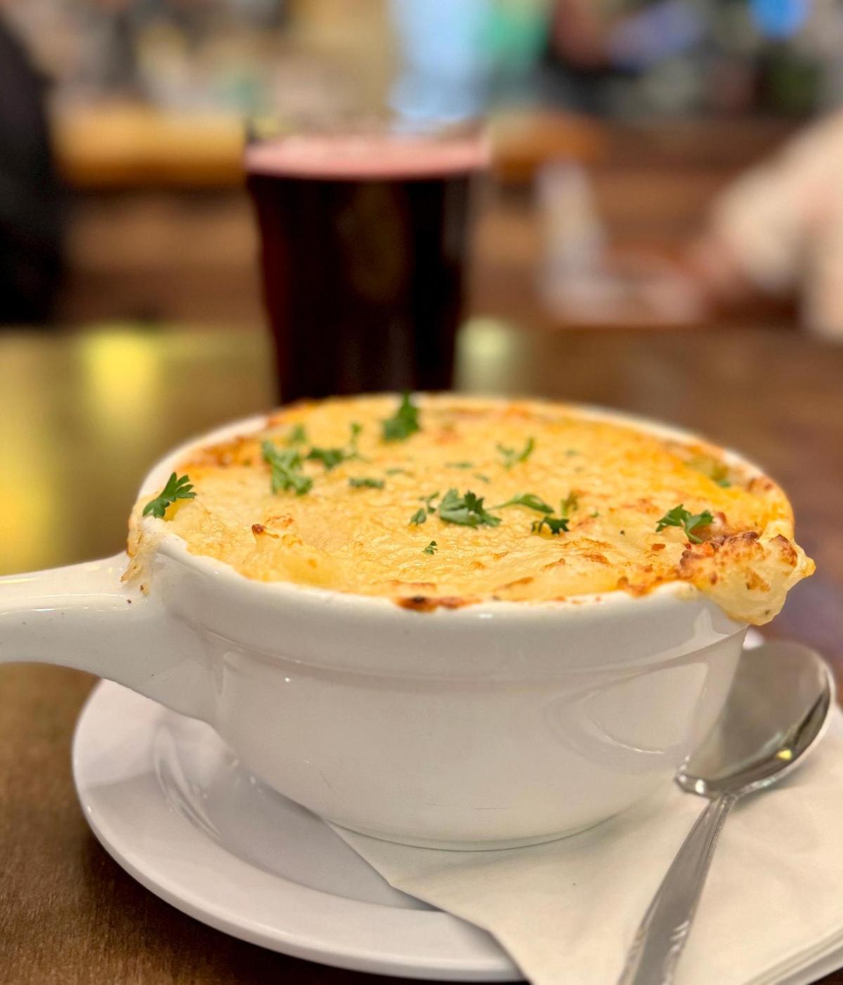 Shepherd’s pie is created with savory ground beef in a vegetable gravy sauce, topped with mashed potatoes and melted cheddar. The pie is served with the popular Dark Horse boysenberry, vanilla seltzer from Crow and Wolf out of Clovis on tap.