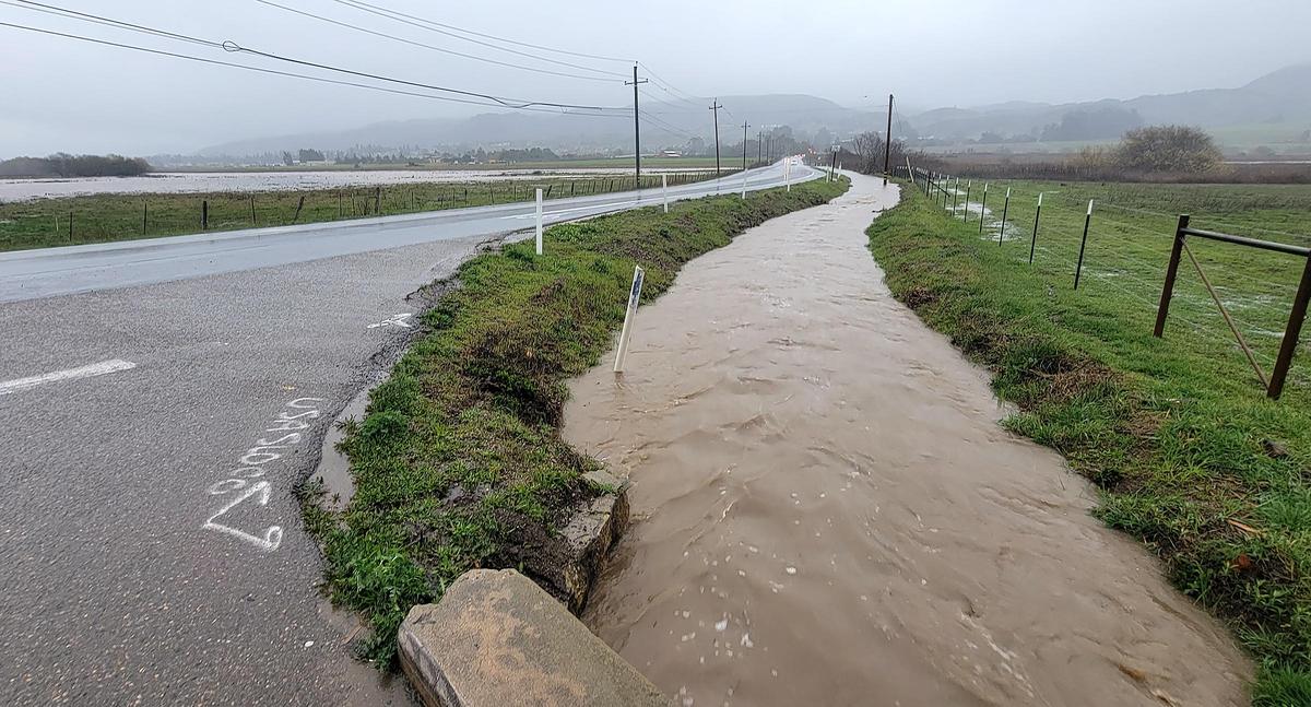 In San Luis Obispo, a ditch running along Foothill and O’Conner Way was overflooding as of 4:04 p.m. The fields were filled with water up off of Foothill and Los Osos Valley Road.