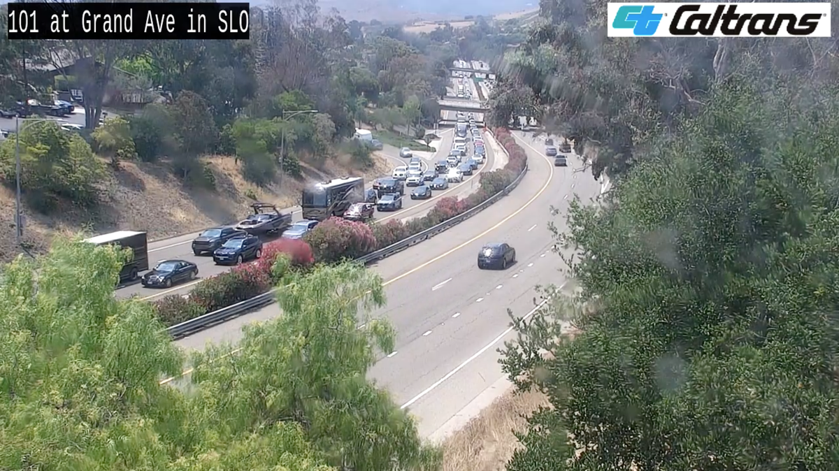Cars were stuck in bumper to bumper traffic on northbound Highway 101 going through San Luis Obispo on Aug. 11, 2025, due to a lane closure.