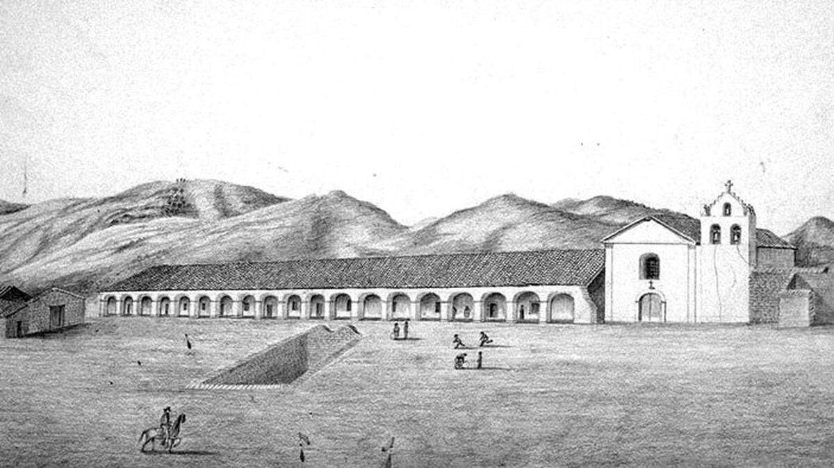 Mission Santa Inés, sketched by German artist Henry Miller in 1856 — just three years after it was seized by Jackie Powers.