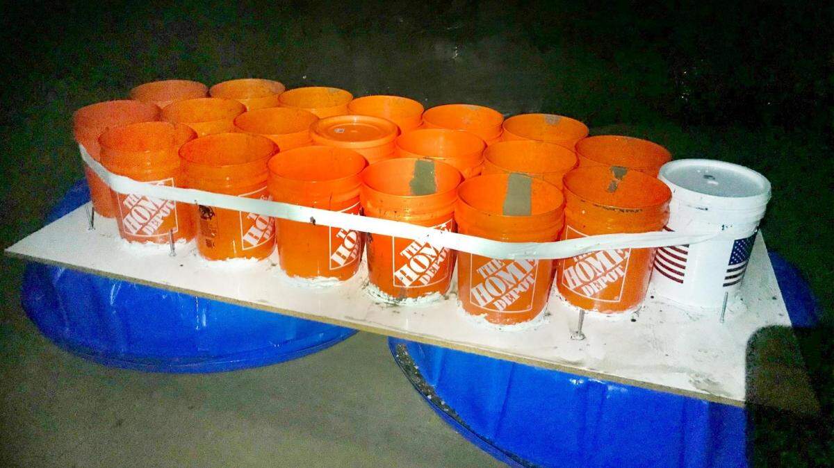 The Santa Barbara County Fire Department rescued two men from the ocean off Isla Vista early Saturday, May 8, 2021, who were trying out their homemade boat made of buckets and kiddie pools. Neither was injured.