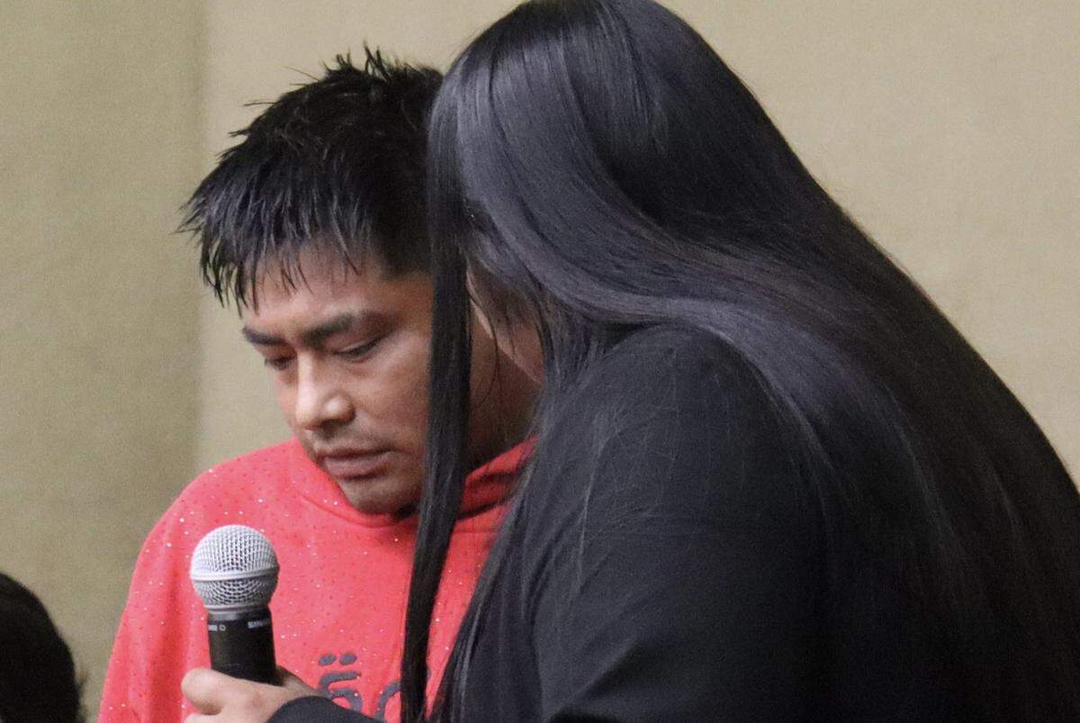 Abel Cortez-Moreno, seen here in court on April 28, 2026, survived being stabbed by Angel Eduardo Ramos-Ramirez, 31, at a quinceañera in 2021. Ramos-Ramirez was sentenced to 42 years to life in prison for the 2022 murder of Daniel Diaz and the 2021 stabbing of Cortez-Moreno.