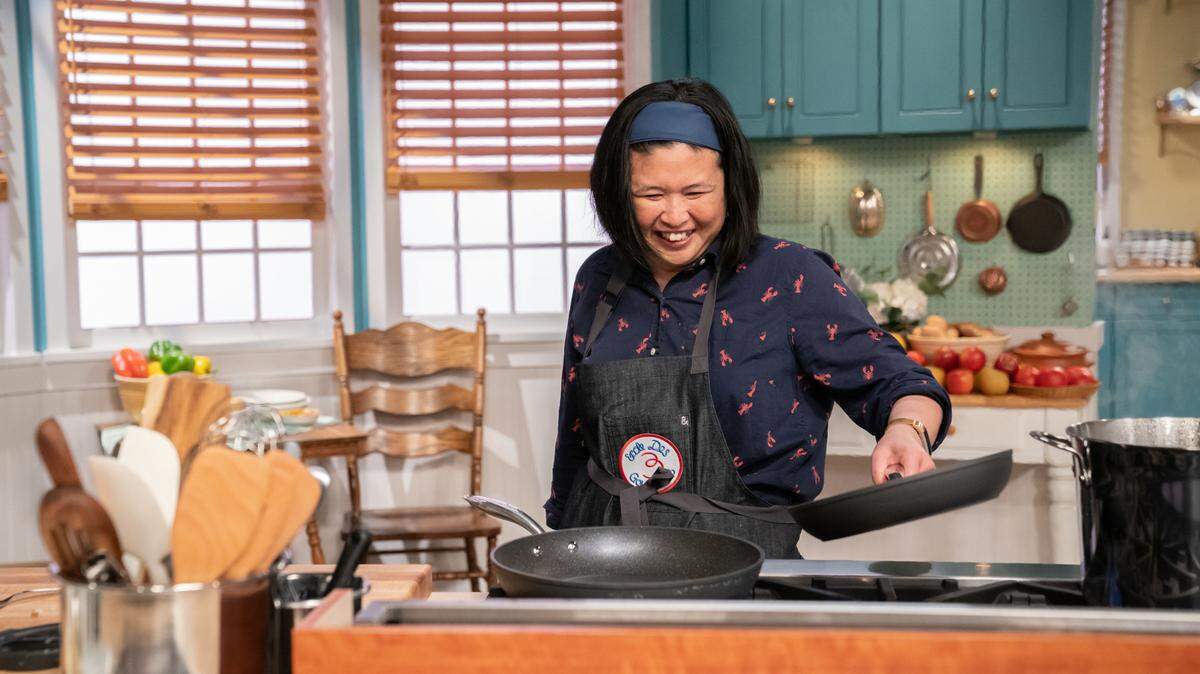 Elena Ross-Salonga of Cambria, a contestant on the Food Network’s “Julia Child Challenge,” sets up in the contest kitchen to make her first meal in the competition. The show, which the network describes as contestants ‘cooking alongside their hero, Julia Child,’ begins Monday, March 14.