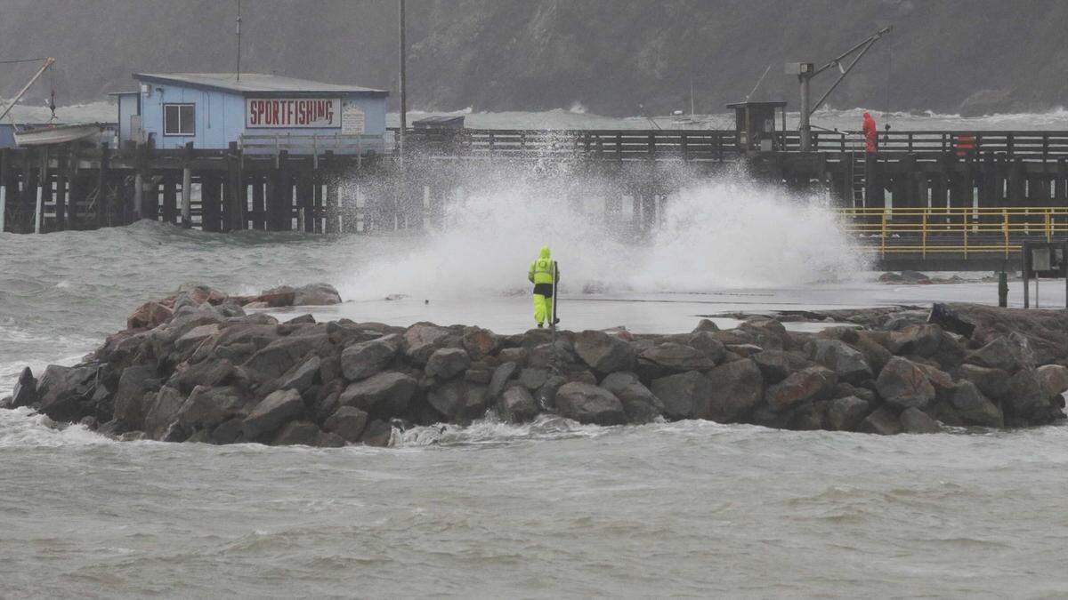 Waves pound Port San Luis on Wednesday, Jan. 27, 2021.