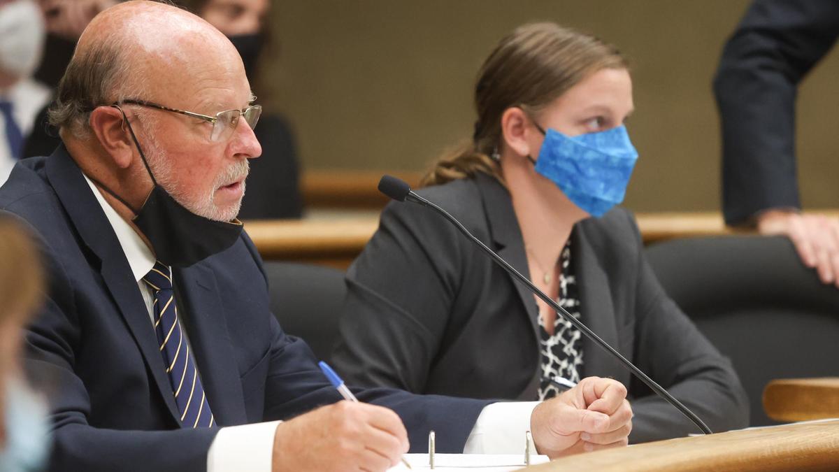 Robert Sanger and Sara Sanger take notes during a preliminary hearing in San Luis Obispo Superior Court on Monday, Aug. 2, 2021. Both are representing Paul Flores, who is accused of murdering missing Cal Poly student Kristin Smart.