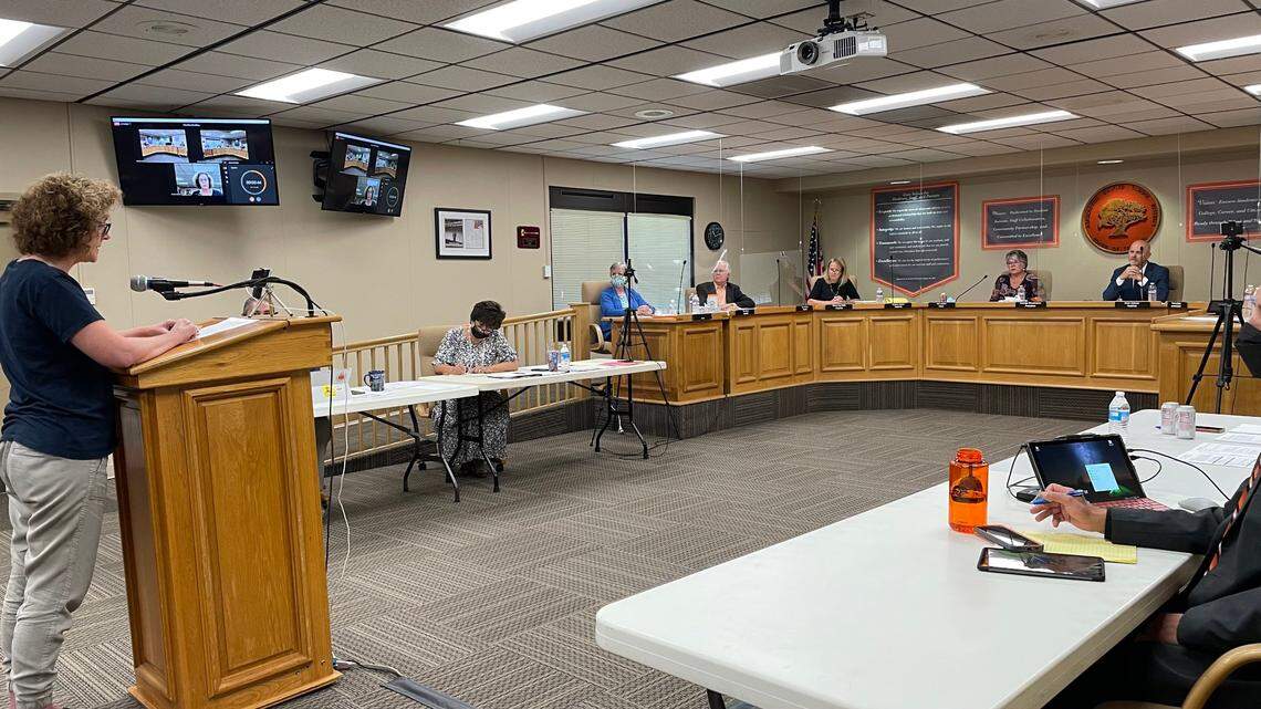 Jenny Grinager of Moms of Liberty speaks at the Atascadero Unified School District board of directors meeting on Tuesday, Aug. 10, 2021.