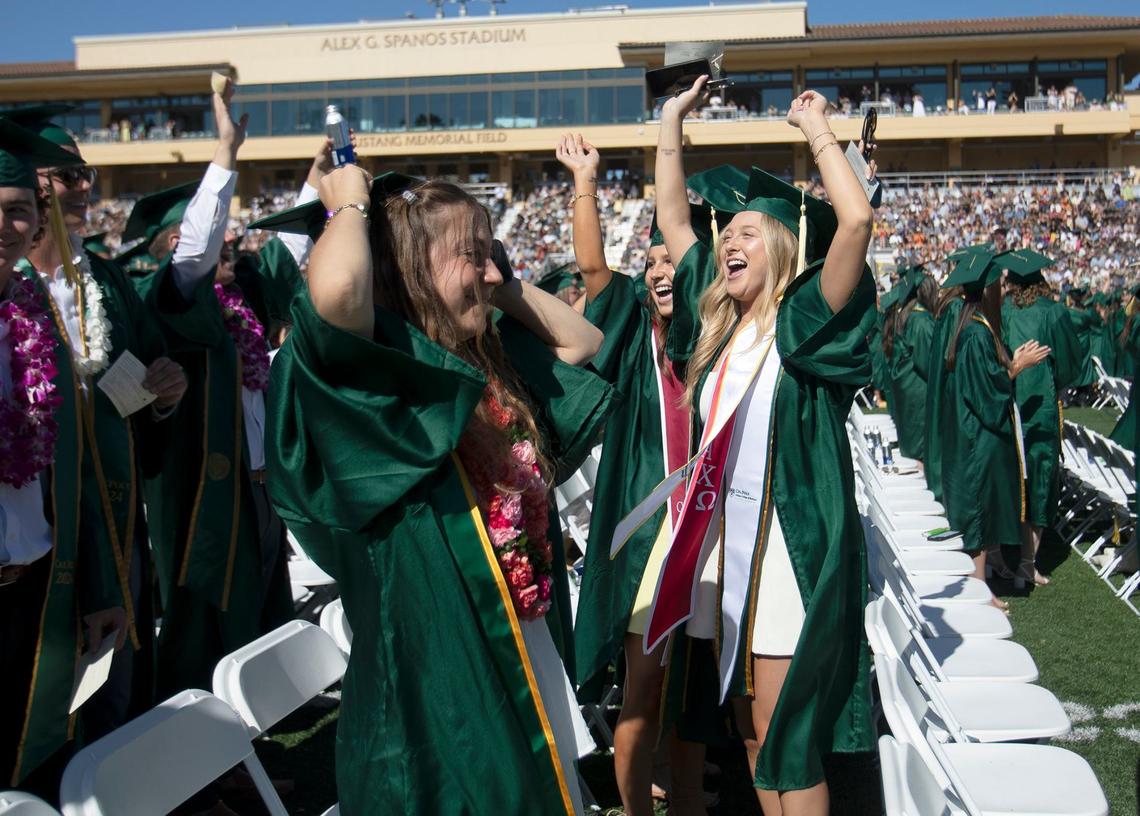 Cal Poly kicked off graduation weekend with three ceremonies on June 15, 2024. The university expects to celebrate more than 6,300 graduates throughout the weekend. A group of new graduates cheer just before the confetti bombs go off.
