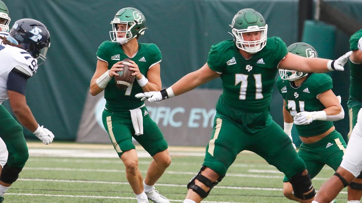 Mustang quarterback Sam Huard looks to pass in Cal Poly’s 27-10 win over the University of San Diego 27-10 in the football season opener at Alex G. Spanos Stadium in San Luis Obispo, Saturday, September 2, 2023.