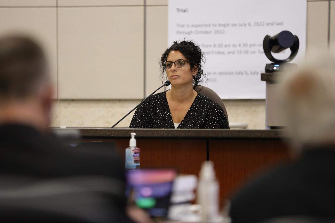 Angie Carrizel, Paul Flores’ ex-girlfriend, testifies in the Kristin Smart murder trial at the Monterey County Superior Court in Salinas on Aug. 25, 2022.