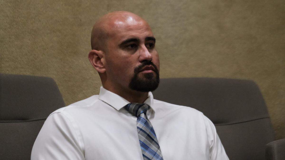 Andrew Rodriguez, 34, sits in San Luis Obispo Superior Court before entering a not guilty plea to murder on Sept. 30, 2024. He is accused of murdering 39-year-old Jonathan Perez in Pismo Beach.