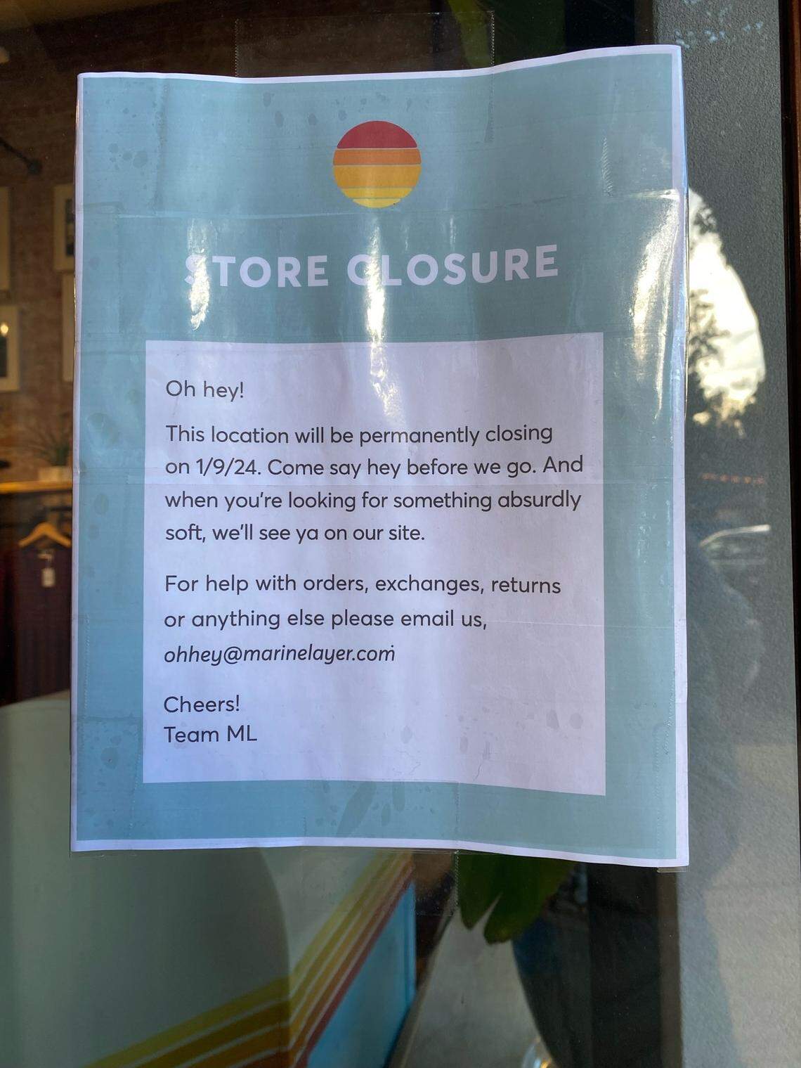 Marine Layer, a San Francisco-based clothing chain specializing in “absurdly soft shirts,” will close its location at 844 Monterey St., San Luis Obispo, on Jan. 9, according to a sign posted in the window of the business.