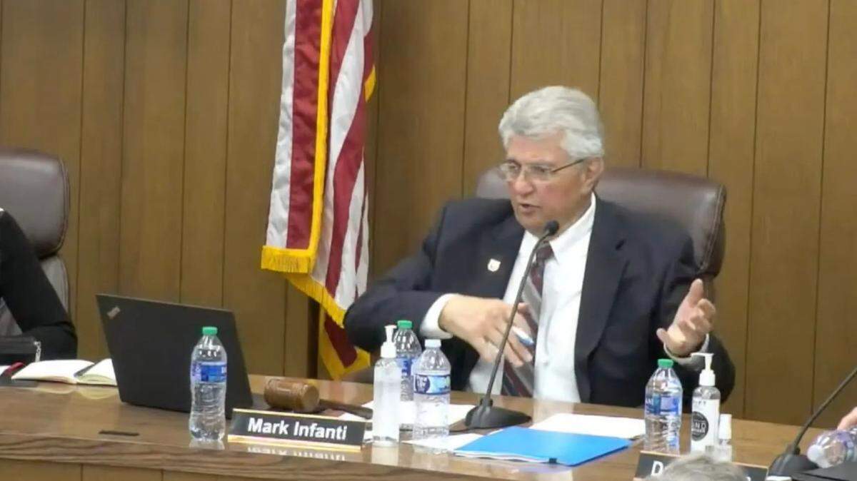 Mayor Mark Infanti talks about Solvang’s banner policy during the City Council meeting on Monday, April 24, 2023.
