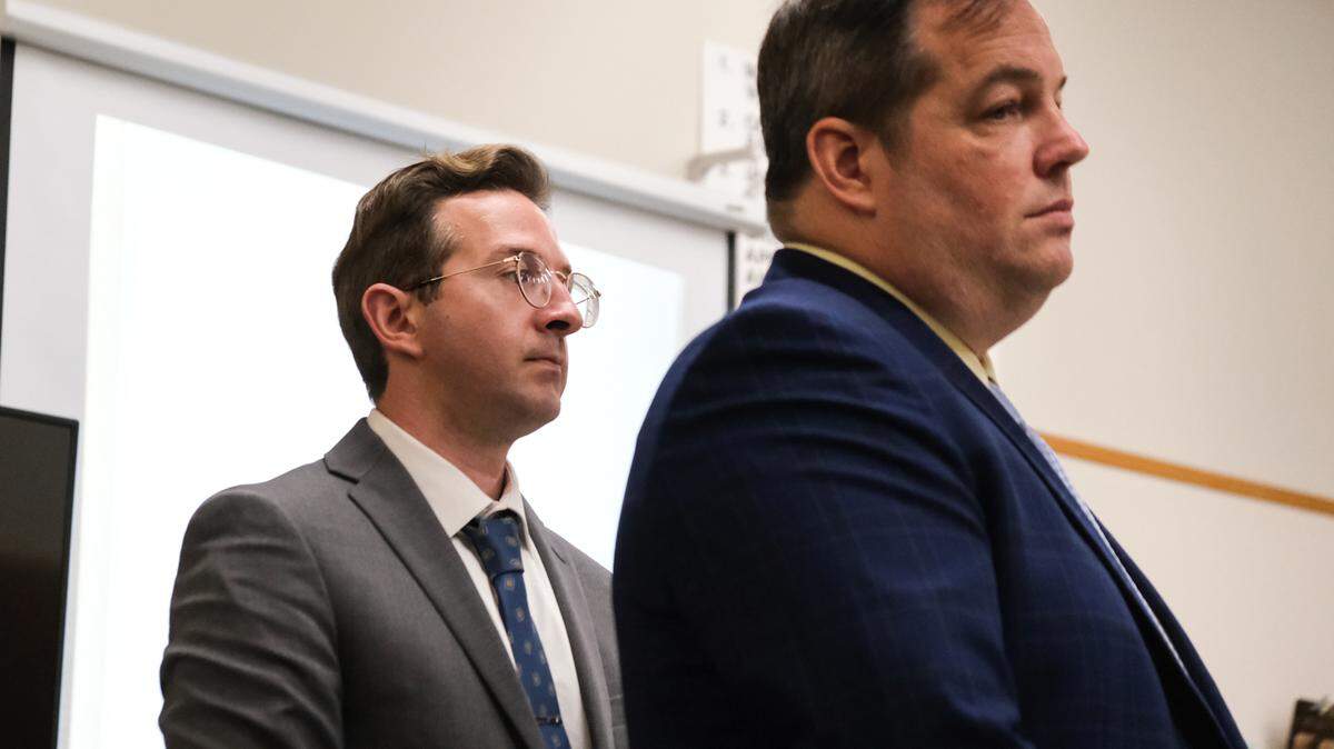 Nate Abate, left, attends the criminal trial against him with his defense attorney, Scott Taylor, in San Luis Obispo Superior Court on Oct. 9, 2024. Abate is charged with oral copulation of a minor, rape by intoxication and two counts of rape by force — all felonies.