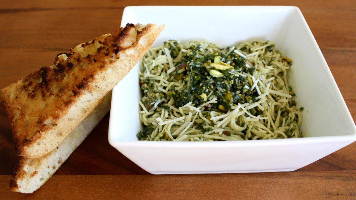 Mix pistachio butter with pistachios, garlic and olive oil for a flavorful pesto. The recipe is available on The Pistachio Factory's website, www.thepistachiofactory.com.