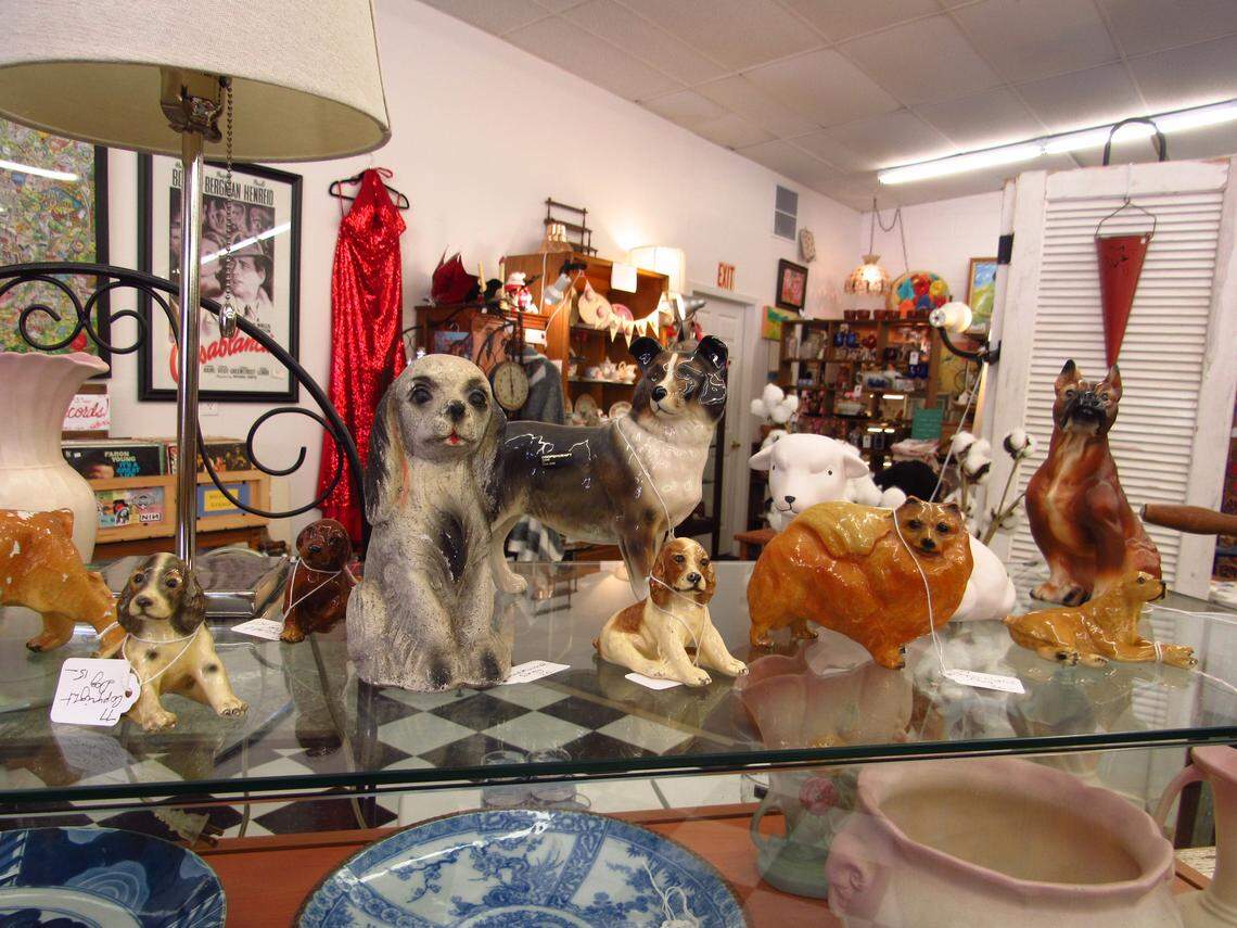 Ceramic dogs, sheep and other animals wait to be picked at Monterey Street Vintage & Antiques.