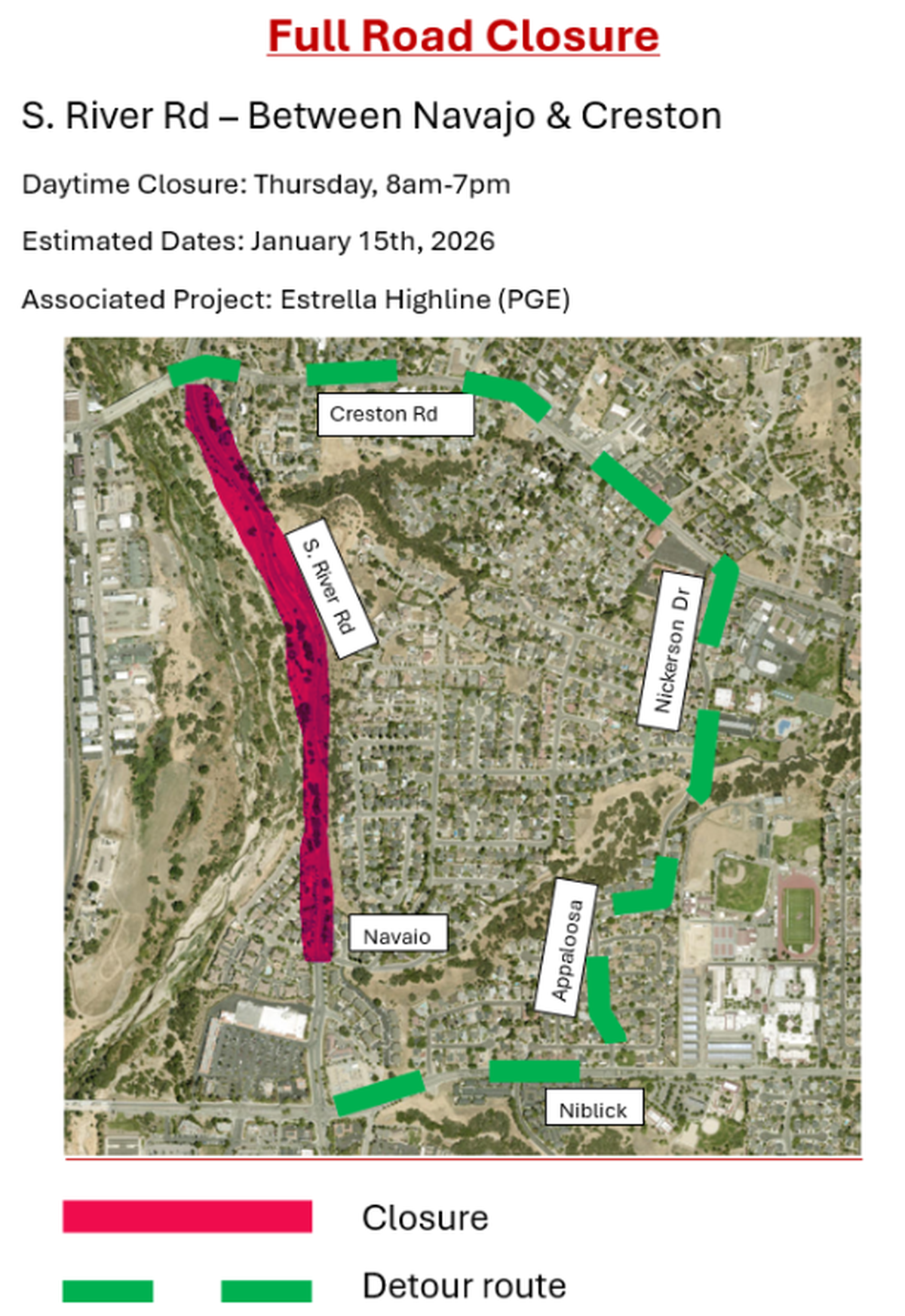 Part of South River Road in Paso Robles will be shut down from 8 a.m. to 7 p.m. on Jan. 15, 2026, according to city officials.