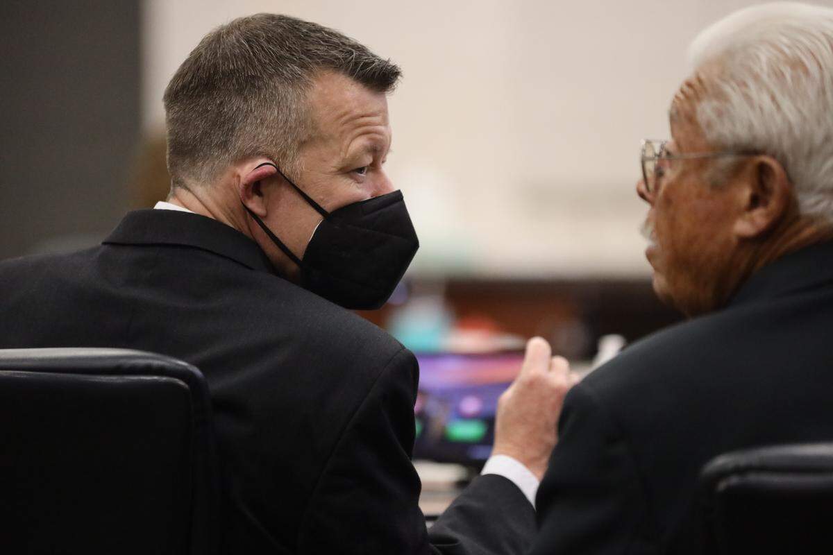 Paul Flores (left) and Ruben Flores inside the courtroom during the trial against them in the Monterey County Superior Court in Salinas on August 25, 2022. The two are charged in connection with the 1996 murder of Cal Poly student Kristin Smart.