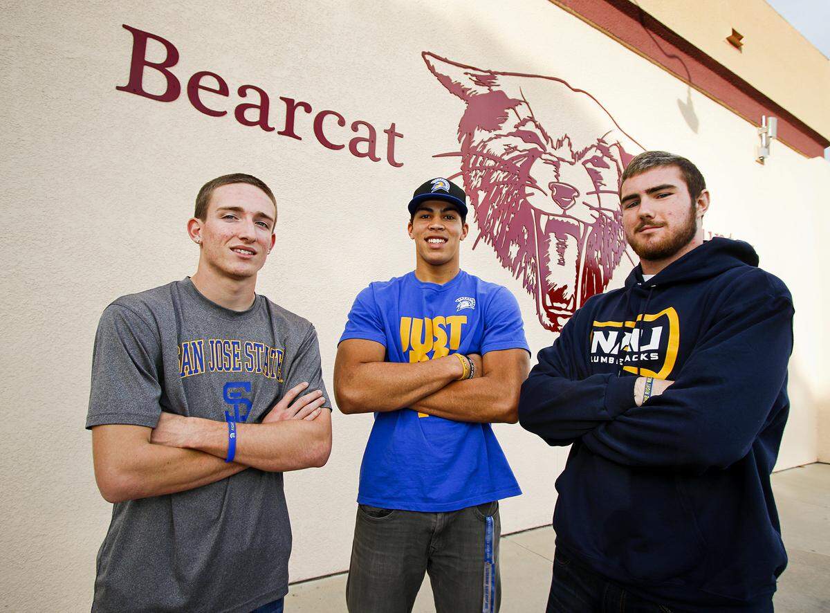 Paso Robles High football standouts, Bailey Gaither, left, Josh Oliver, center, and Jonathan Baldwin signed their National Letters of Intent in 2015 to play college football. Gaither and Oliver signed with San Jose State, and Baldwin went to Northern Arizona. Oliver is now in the NFL and Gaither is seeking a spot on a team after being selected as an undrafted free agent earlier this year by the Green Bay Packers.
