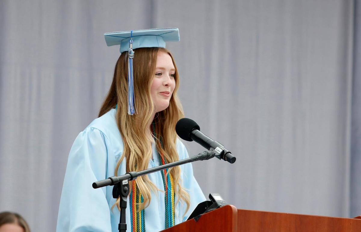 ASB president Elizabeth Moore addresess her classmates. Central Coast New Tech High School honored 57 graduates in the Class of 2025 on June 7, 2025. Students are heading to schools like UC Davis, Cal Poly and UC Berkeley.
