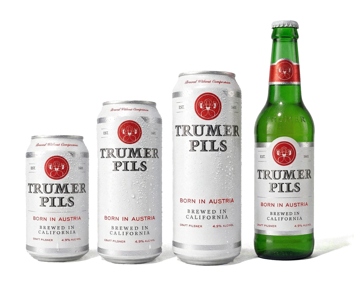 The lineup of Trumer Pils products include a 12-ounce, 16-ounce and 19.2-ounce can and a bottle.