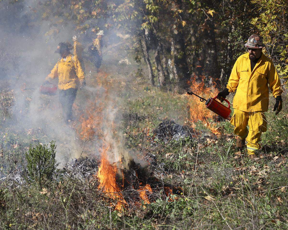 The yak titʸu titʸu yak tiłhini Northern Chumash Tribe led a cultural burn at the Johnson Ranch Open Space on Dec. 11, 2025. Here, Manuel Sanchez uses a drip torch to ignite burn piles.