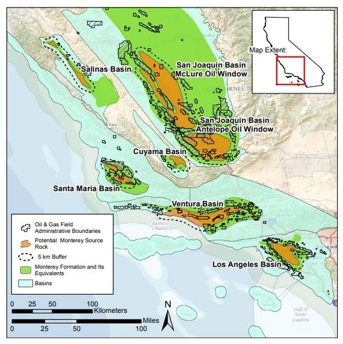 The regions in orange indicate a portion of the Monterey Shale Formation that is estimated to be deep enough to generate oil or gas, which include places under San Luis Obispo County. The California Council on Science and Technology added a 5 km buffer, assuming that environmental impacts of drilling would extend beyond the drilled source rock.