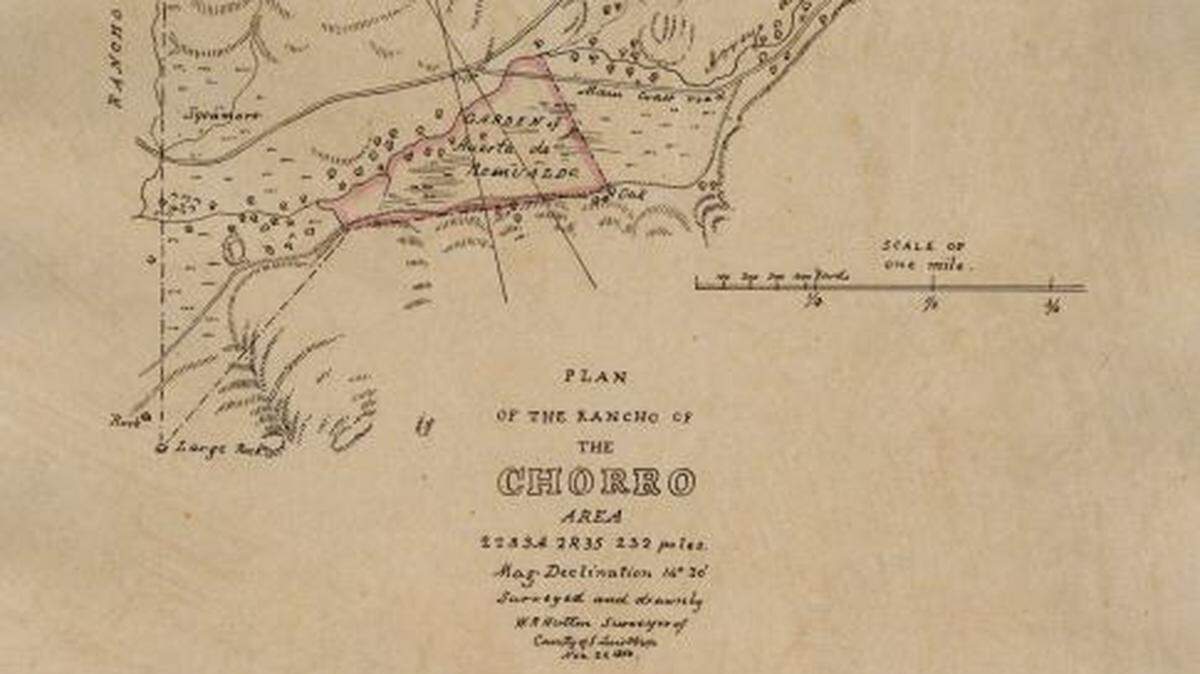 William Rich Hutton’s survey of the Rancho El Chorro submitted to the U.S Land Commission in 1852. Hutton had worked with Lt. E.O.C. Ord in surveying Los Angeles. He came to SLO County to be the best man at his friend Henry Tefft’s wedding to Eliza Josefa Dana. He was the first surveyor of San Luis Obispo, the Dana and the Branch Ranches.