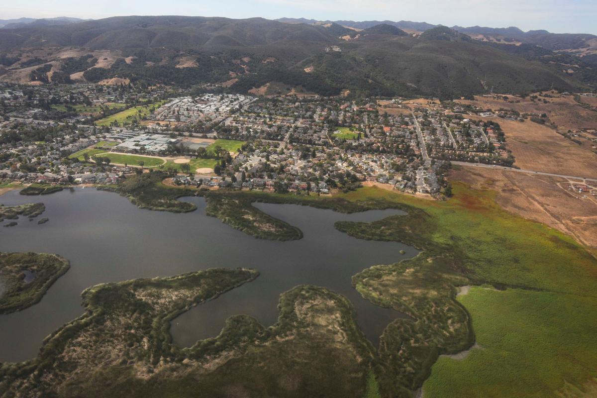 Laguna Lake in foreground, Laguna Middle School and San Luis Obispo in the background. Ariel tour of lands bordering the Chumash Heritage National Marine Sanctuary on Sept. 18, 2024. The tour was by EcoFlight, a non-profit dedicated to appreciation of the environment.