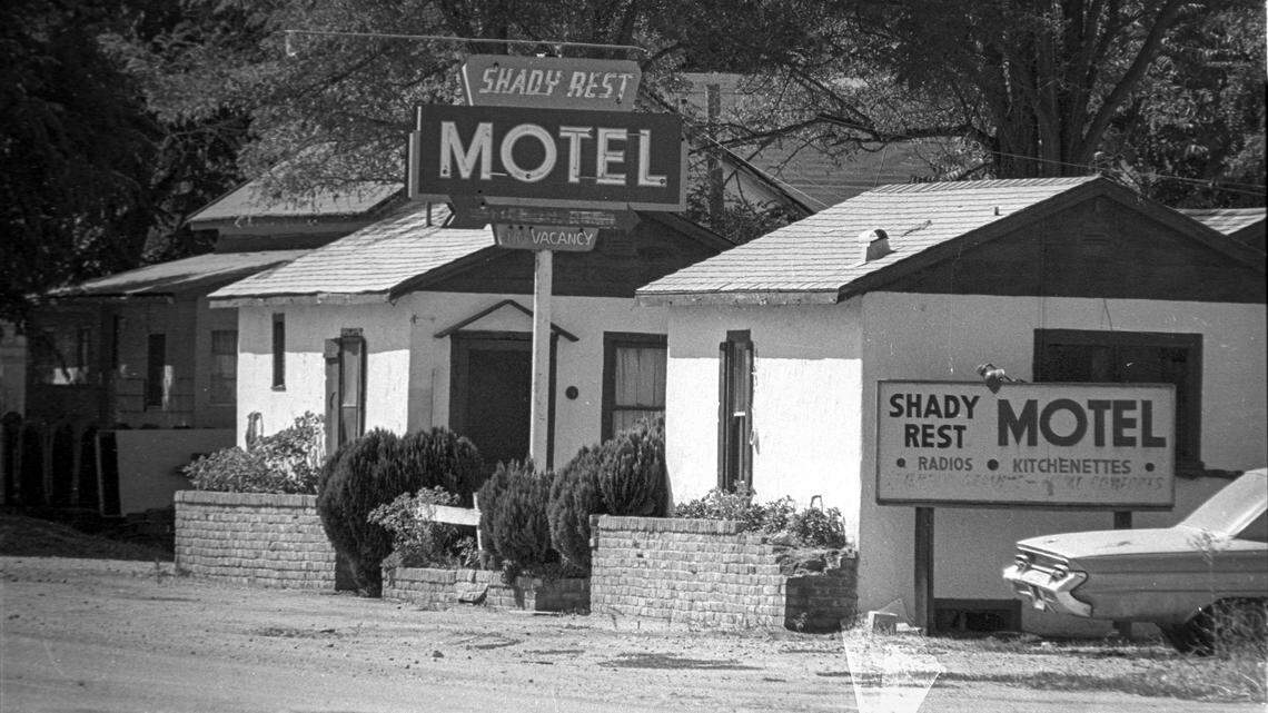 The Shady Rest Motel featured cottages with radios. Scenes from San Miguel, CA on Sept. 19, 1980.