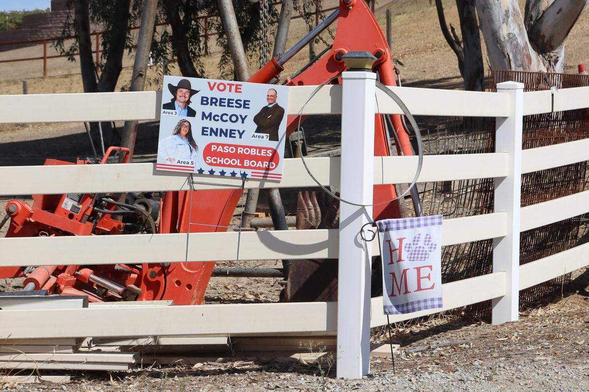 Paso Robles school board candidate Hunter Breese is registered to run under an address on Red Cloud Road in Trustee Area 3, but his family’s home is on White Tail Place in Trustee Area 5, show here. Campaign posters sit outside of both residences.
