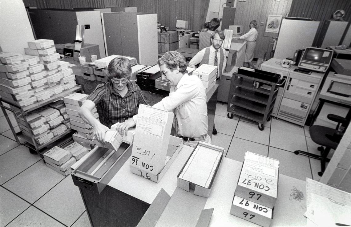 Election workers count punch-card ballots on election night Nov. 4, 1986. At that time the county computer center was on the fourth floor of the old courthouse, the former jail when the building was built.