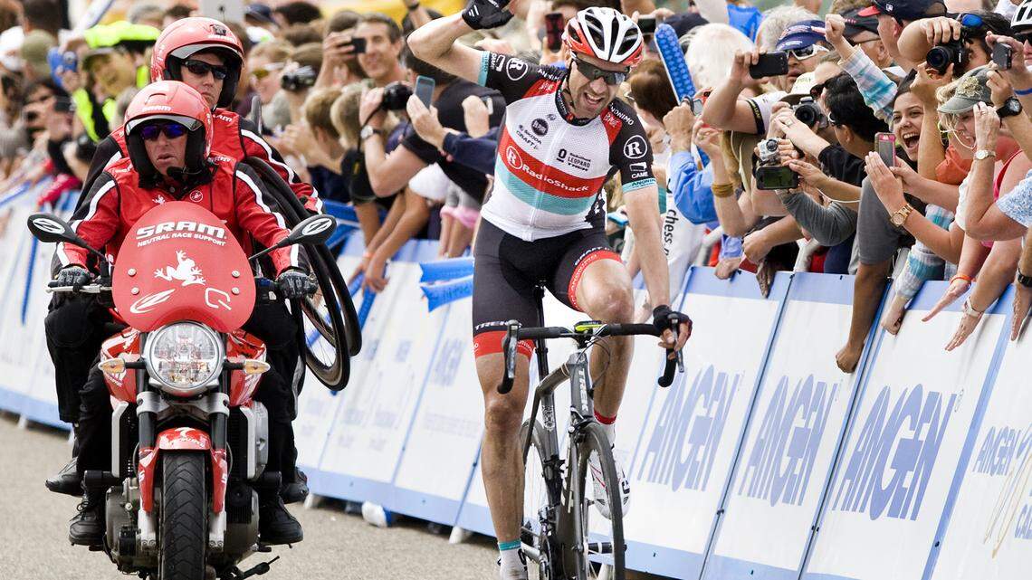 Jens Voigt celebrates as he approaches the finish line to win Stage 5 of the Tour of California in Avila Beach.