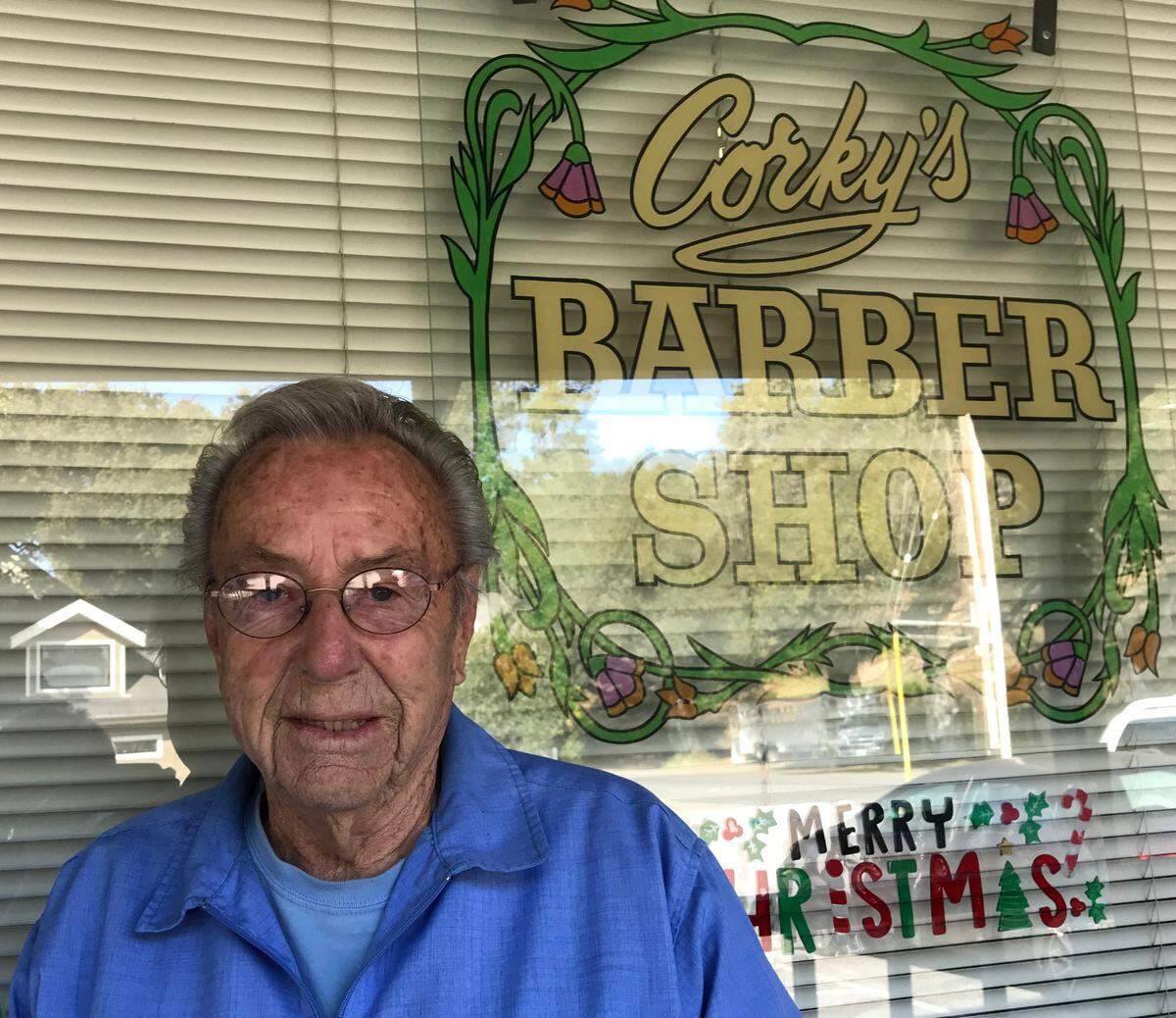 Courtney “Corky” Miles is 94 years old and still cutting hair at his eponymous barbershop in Cambria.