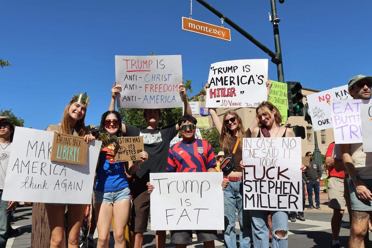 Thousands of people attended the No Kings rally in downtown San Luis Obispo to protest the Trump administration and support Prop. 50 on Oct. 18, 2025.