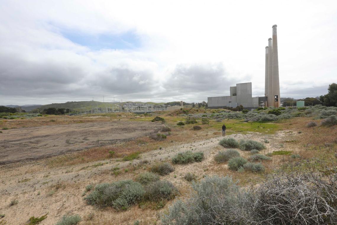 The proposed battery plant would be built on a 24-acre parcel that used to be an oil tank farm. Vistra Corp. director of project development David Yeager stands on the site to give a sense of scale on April 24, 2024.