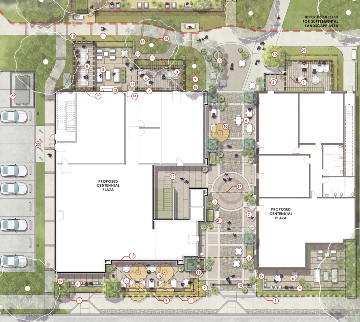 Located at 5901 East Mall, the Centennial Plaza Properties project will bring three stories of restaurant, retail and residential spaces to the currently under-used outdoor space that links Sunken Gardens and Colony Square in Atascadero. An architectural rendering shows a bird’s-eye-view design for the multi-use building and its surrounding landscaping.