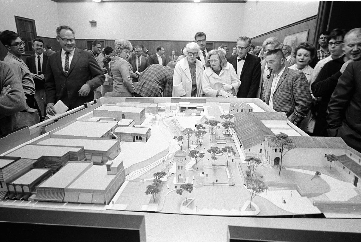 A Mission Plaza model in May 1967 includes parking and a clock tower in front of Mission San Luis Obispo.