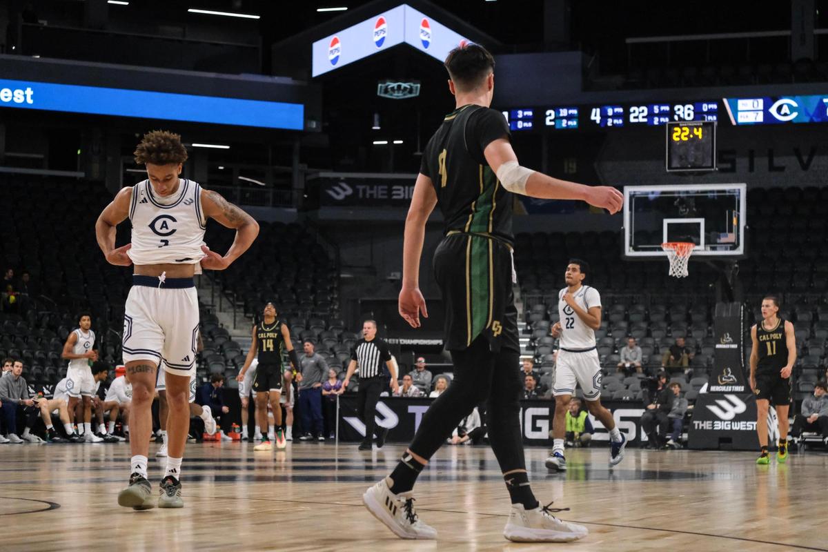 The clock winds down as the Mustangs defeated UC Davis 86-76 in the first round of the Big West Championship tournament, March 12, 2025, at Lee’s Family Forum in Henderson, Nevada.