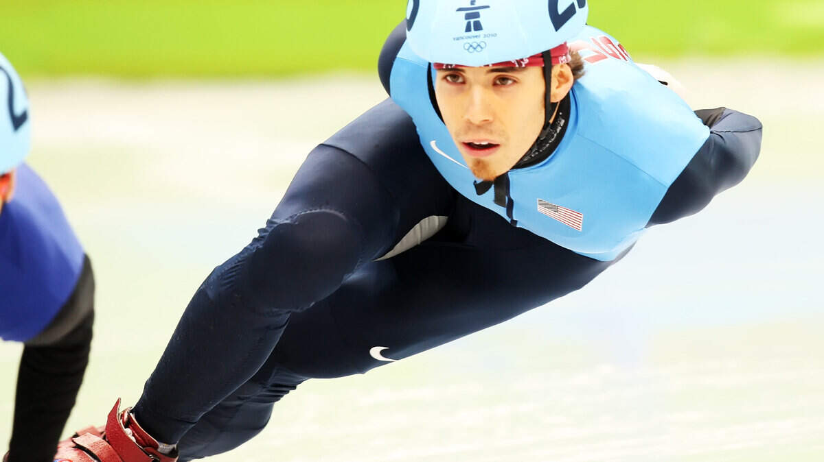 Apolo Anton Ohno of the United States skates in the men's 5000-meter relay short track race on Wednesday, February 17, 2010, during the 2010 Winter Olympics in Vancouver, British Columbia. (George Bridges/MCT)