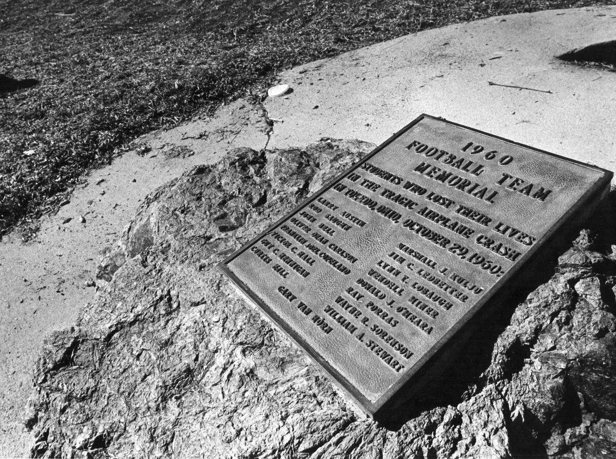 A plaque memorializing those killed in the 1960 plane crash was placed under the flag pole at Mustang Memorial Field. Sixteen Mustang football players, the student manager, a member of the Mustang Booster Club, and four others died in the crash, while another 22 were injured, some gravely.