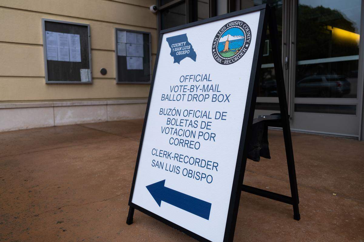 A sign outside the San Luis Obispo County Government Center in downtown San Luis Obispo directs people where to drop off their ballots on Nov. 8, 2022.