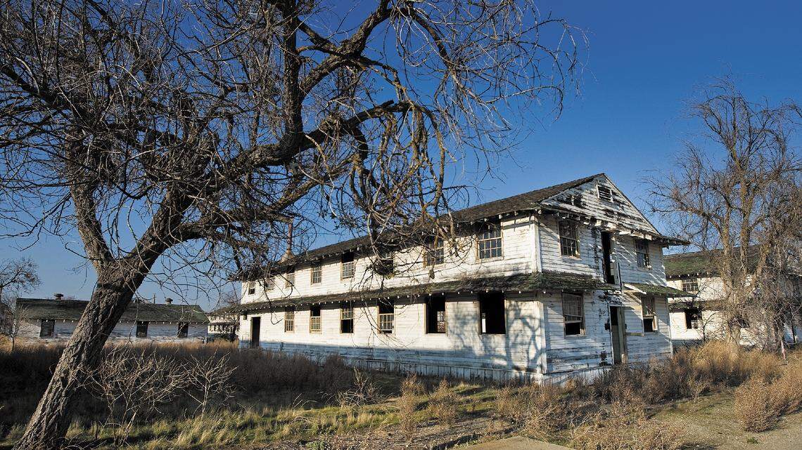 Scraggly oak trees frame an abandoned barracks building, among those that will be soon torn down.