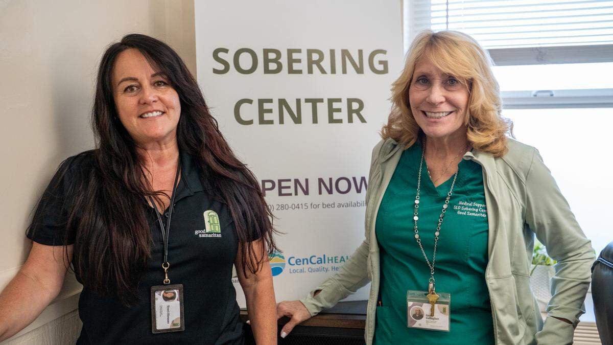 SLO Sobering Center program manager Terri Houser and registered nurse Annie Gallagher pose for a photo in the center's lobby on Monday, June 1, 2026. The SLO Sobering Center, a Good Samaritan program, has seen a steady increase in individuals seeking treatment for addiction to kratom products.