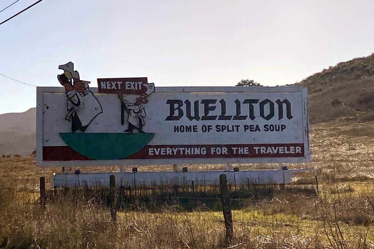 Two billboards between Santa Maria and Buellton promote Pea Soup Andersen’s with the iconic Hap-Pea and Pea-Wee characters. 