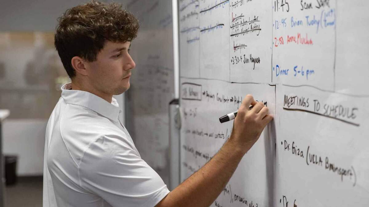 Cal Poly graduate Connor Heffler maps out his startup, ODIN Diagnostics, which is developing a tool to diagnose concussions.