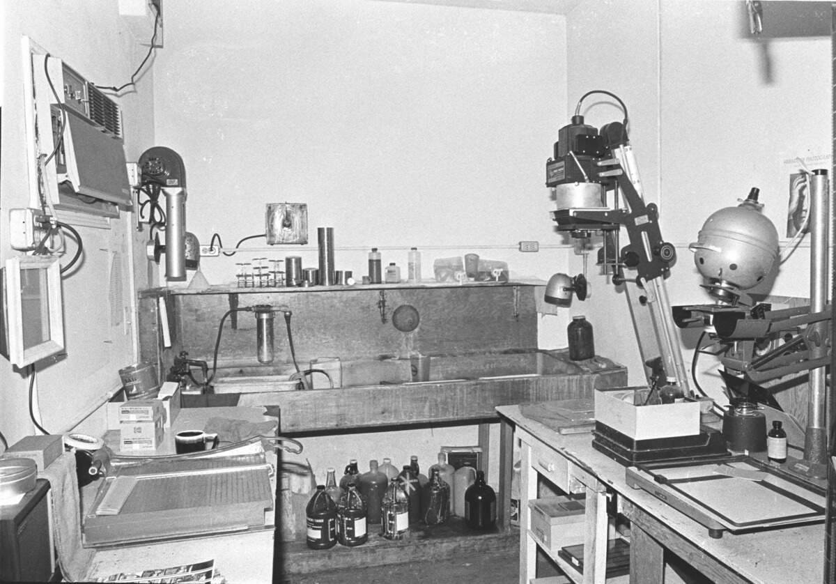 If you were a photographer back in the day you would have used all this stuff. The can of pipe tobacco and coffee cups were optional add-ons. Old black-and-white Telegram-Tribune newspaper darkroom in the 1321 Johnson Ave. building on May 5, 1978.