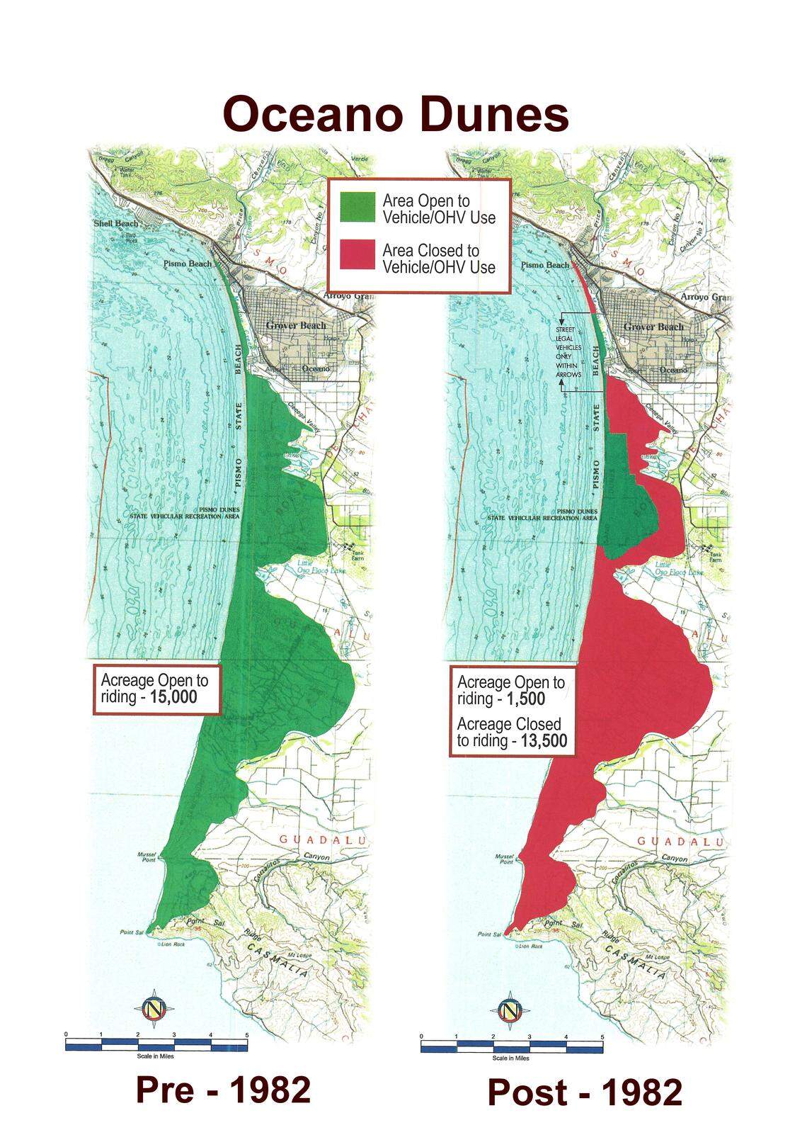 A map by Friends of Oceano Dunes shows that the area open to off-road vehicles was reduced by about 13,000 acres over the years.