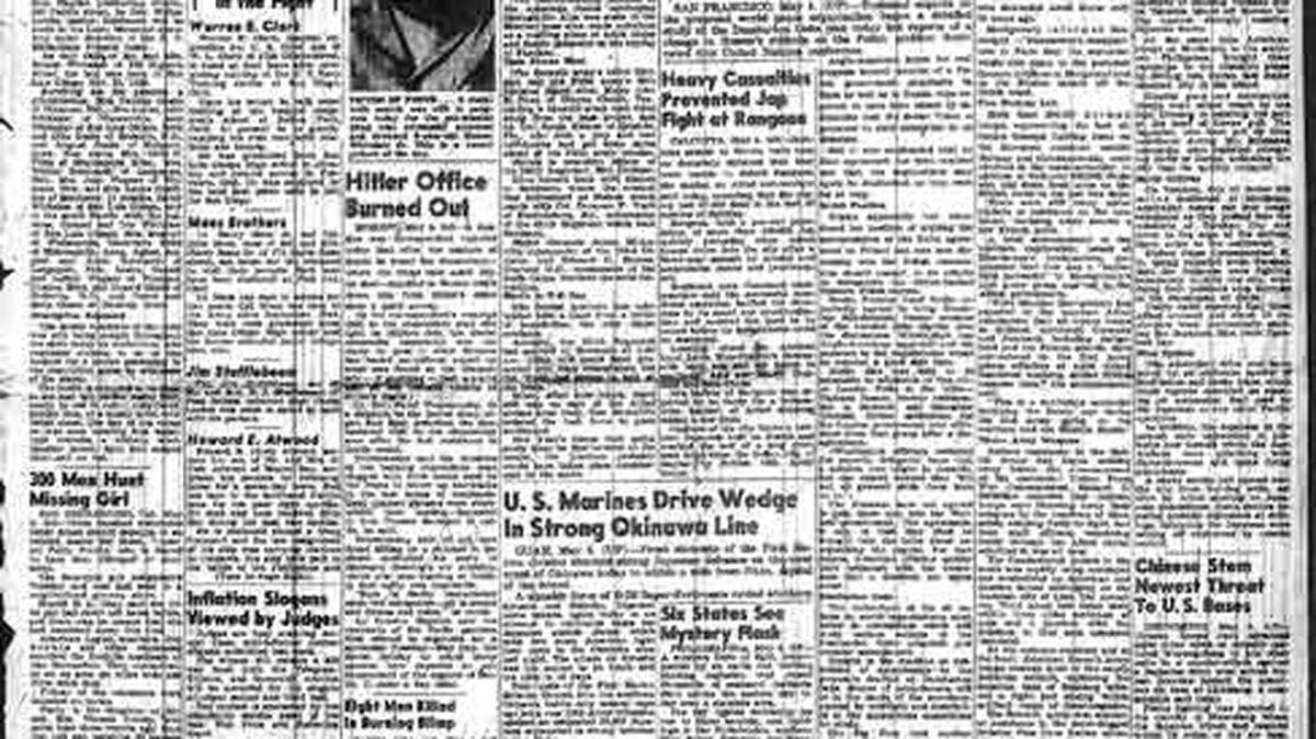 The news impending victory in Europe came with the tragic news of a local child's murder in this May 4, 1945 issue of the San Luis Obispo Telegram-Tribune.