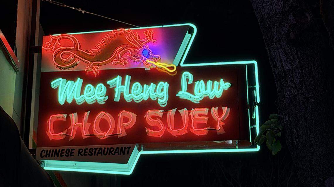 Mee Heng Low’s neon sign, seen here on Jan. 23, 2026, was renovated and relit after the San Luis Obispo noodle house won a $50,000 grant for exterior renovations.
