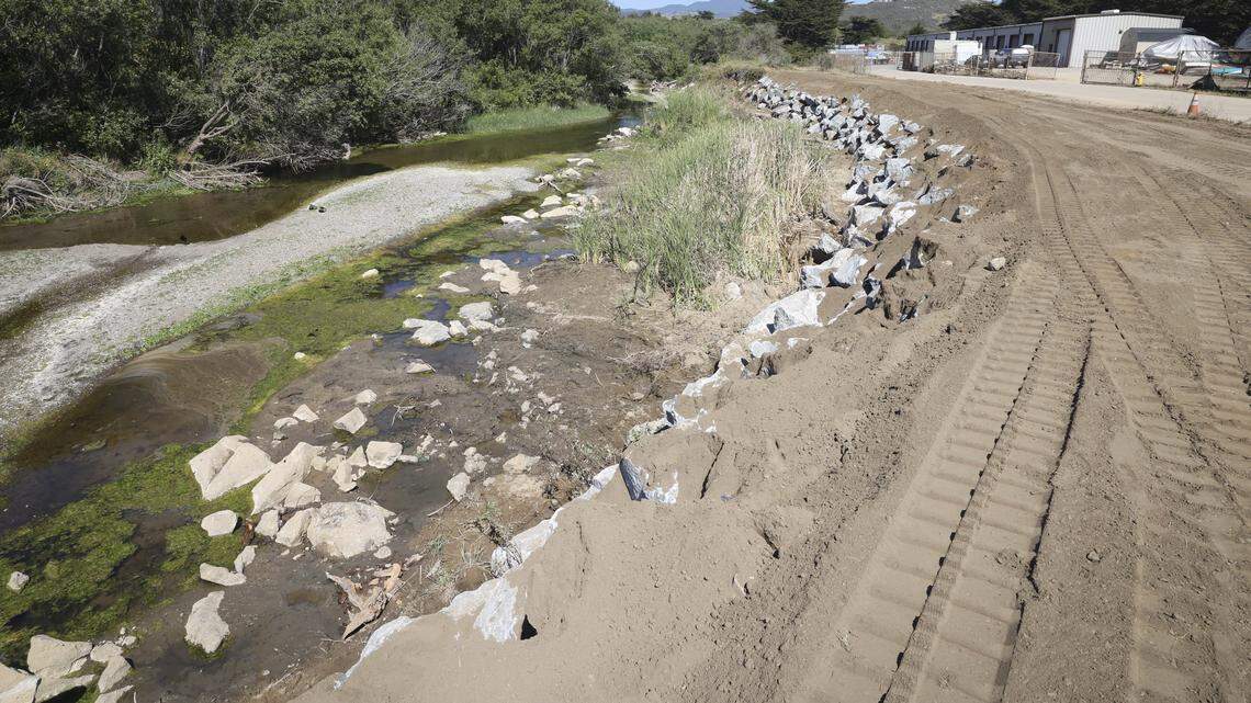 Work is being completed to repair 2023 erosion to Morro Creek on April 7, 2026.